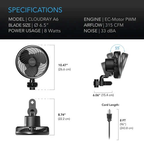 AC Infinity Cloudray A6 EC *MANUAL* Clip Fan (AC-CCA6) - GEN 2 2 AC Infinity Cloudray A6 EC *MANUAL* Clip Fan (AC-CCA6) - GEN 2 - Image 2