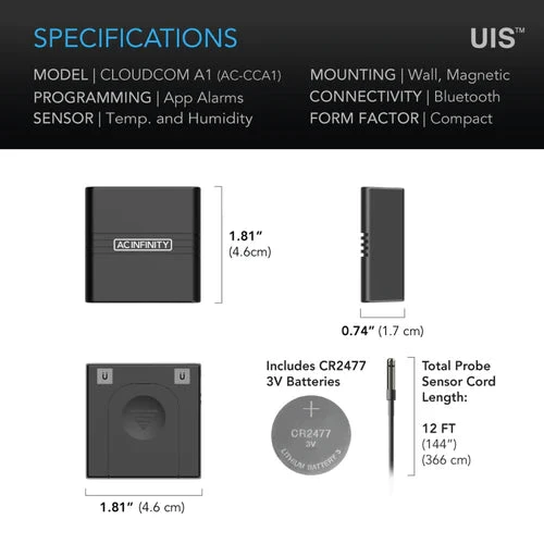 AC Infinity Cloudcom A1 Mini Smart Thermo-Hygrometer + 12ft External Sensor (AC-CCA1) 2 AC Infinity Cloudcom A1 Mini Smart Thermo-Hygrometer + 12ft External Sensor (AC-CCA1) - Image 2