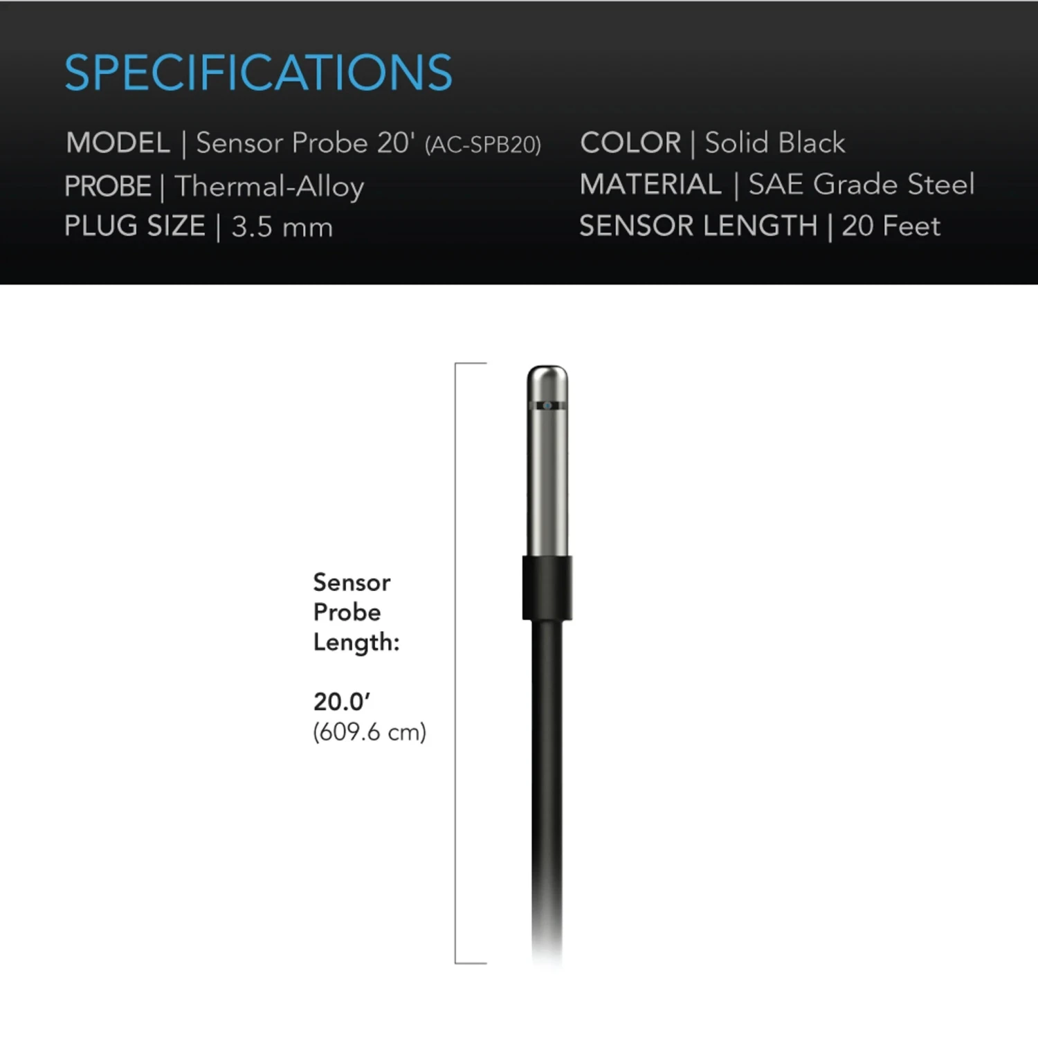 AC Infinity Controller Sensor Probe, 20ft Corded Climate Detector (AC-SPB20) 2 AC Infinity Controller Sensor Probe, 20ft Corded Climate Detector (AC-SPB20) - Image 2